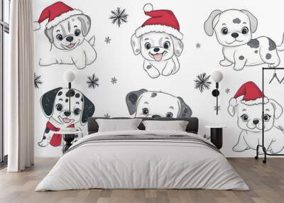 Set of cute and smiley baby dog doodles. Happy baby dog faces of dalmatian, pug, poodle, beagle with flat color, bows, hats, and scarves isolated on white. Sticker, comic, and print design. Wall mural