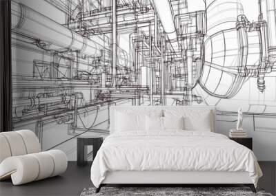 Sketch of industrial equipment. Wire-frame style. 3d illustration Wall mural