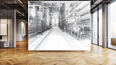 Sketch of industrial equipment. Wire-frame style. 3d illustration Wall mural