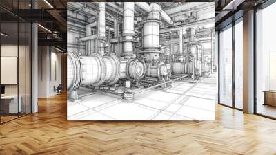 Sketch of industrial equipment. Wire-frame style. 3d illustration Wall mural