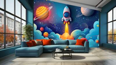 Space posters cartoon alien characters spaceship,paper style Wall mural