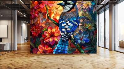 Stained glass vector-style image of beautiful blue jay bird bird tail, tropical flowers, bird feathers, color coordinated abstract expressionism surrealism apophysis paisley design Wall mural