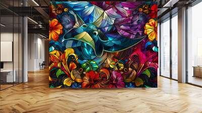 Stained glass vector-style image of beautiful manta ray , tropical flowers, bird feathers, color coordinated abstract expressionism surrealism apophysis paisley design Wall mural