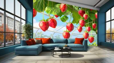 Tasty sweet organic pink strawberry plants growth in big Dutch greenhouse, everyday harvest,vector image  Wall mural