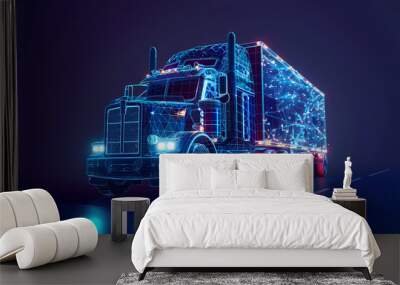 Tractor truck. Abstract vector 3d heavy lorry van. Highway road. Isolated on dark blue background. Transportation, logistics or international shipping concept. Wall mural