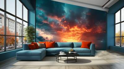 Wide panoramic view of the sunset sky with dark clouds Wall mural