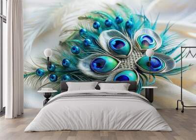 1. Vibrant bright cerulean peacock feathers unfold from a delicate silver brooch, against a soft, creamy white background, a realistic photo image. Wall mural