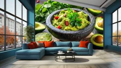 10. Avocado guacamole in a molcajete, chunky texture with lime wedges and fresh cilantro on the side, a realistic photo image. Wall mural