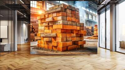 2. Fire bricks arranged in a stacked pattern, with varying levels of wear and tear, against a muted industrial backdrop, a realistic photo image. Wall mural