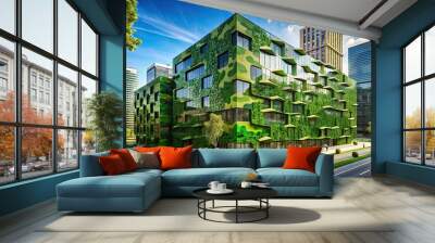 2. Modern cityscape with a unique building featuring a camouflage green facade that blends with the urban environment, a realistic photo image. Wall mural