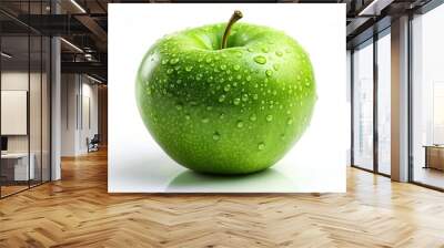 3. A crisp, bright green apple gleams with appetizing shine, showcasing its vibrant color and subtle skin texture, a realistic photo image. Wall mural