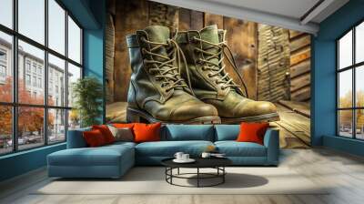 4. A pair of olive drab combat boots, laced up and ready for battle, rest on a dusty and worn wooden floor, a realistic photo image. Wall mural