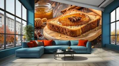 6. A brown sugar and cinnamon mixture heaped on top of a toasted slice of whole grain bread, drizzled with honey, a realistic photo image. Wall mural