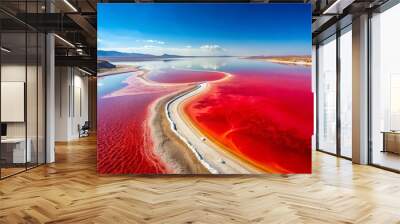 A bird's eye view of a crimson-dyed salt lake at noon, with vibrant red water and white salt deposits, harsh midday lightning, surreal and abstract mood, a realistic photo image. Wall mural