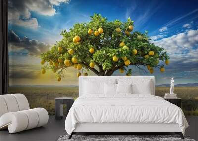 A bitter lemon tree standing alone in a vast, open field, its branches stretching towards the sky, with a few lemons scattered on the ground, a realistic photo image. Wall mural