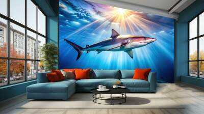 A close-up of baby shark swimming in a bright blue ocean with sunlight streaming down, showcasing its vibrant pink and blue scales in high clarity. Wall mural