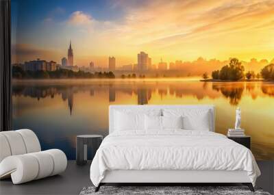 A misty morning cityscape with a serene lake reflection, capturing the subtle interplay of soft golden light and gentle ripples on the water. Wall mural