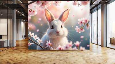 A whimsical illustration of a fluffy white rabbit peeking out from behind a blooming cherry blossom tree, with delicate petals and leaves in focus. Wall mural