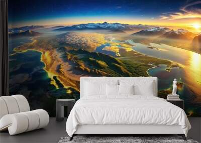 Aerial view of the contiguous United States at dusk, with warm golden lighting and subtle shadows, highlighting mountain ranges and coastal areas. Wall mural