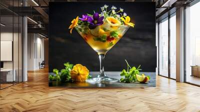 Dramatic low-angle shot of Citron mix, garnished with edible flowers and microgreens, against a velvety black background, epitomizing modern gastronomic art. Wall mural