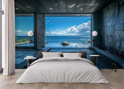 Empty pool with ocean view from a modern home's open window Wall mural