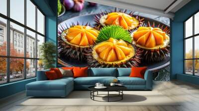 Freshly sliced sea urchin sashimi glistens on a plate, its vibrant golden yellow flesh radiating against a contrasting briny dark background, evoking seafood luxury. Wall mural