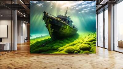 Lime green marine algae covering a sunken ship, looking up from the seafloor, dramatic shadows, ominous and mysterious, a realistic photo image. Wall mural