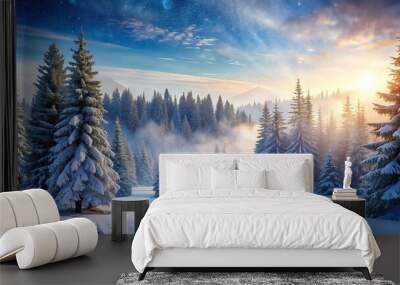 Serene winter landscape featuring a snow-covered forest with towering evergreen trees, frosty mist, and a gentle snowfall, creating a peaceful and calming atmosphere. Wall mural