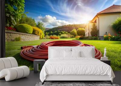 Tuscan red garden hose curled up on a manicured lawn, shallow depth of field, bright cloudless sky, fresh and rejuvenating atmosphere, a realistic photo image. Wall mural