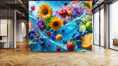 Vibrant, abstract composition of Capri Blue mix liquids, fruits, and flowers, arranged in a dynamic, asymmetrical pattern, captured with a fast shutter speed Wall mural