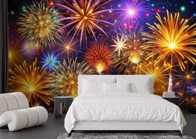 Vibrant-colored pyrotechnics explode in a starburst pattern, filling the dark night sky with a kaleidoscope of glittering sparks and trails of golden light. Wall mural