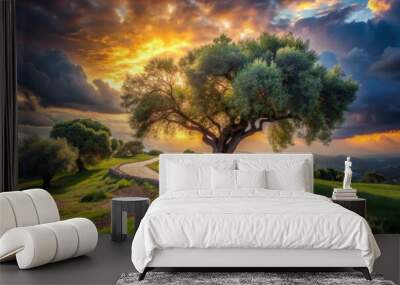 Winding stone path leading to majestic olive tree's sprawling canopy, dramatic clouds, warm lighting, romantic, idyllic, a realistic photo image. Wall mural