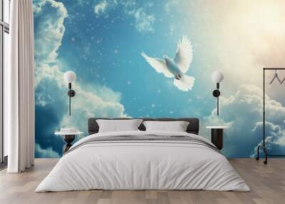 Background of sky filled with light and clouds, resurrection of Jesus Christ inspires faith and worship, embodying the holy spirit of God, promise of heaven in Christianity, especially during Easter. Wall mural