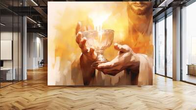 Christian spirituality, believers raise the holy cup of wine, symbolizing the blood of Jesus Christ, as they offer their hands in reverence to God, embodying their religious devotion and faith. Wall mural