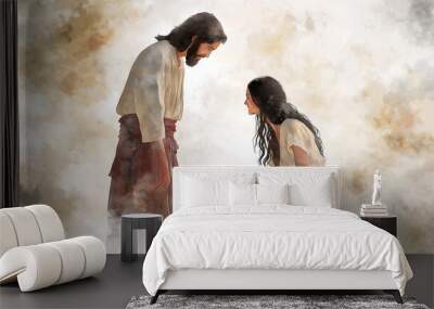 Christian woman finds peace and strength in her faith as she hugs her fellow worshippers, prays earnestly, and reads Bible, deeply connecting with teachings Jesus Christ essence of Christianity. Wall mural