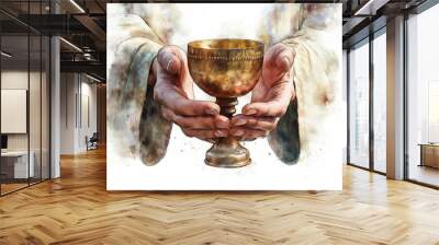 Communion sacred sacrament where believers partake of bread and wine, symbolizing body and blood Jesus Christ, and reaffirming their faith and commitment their religion through this holy rite. Wall mural