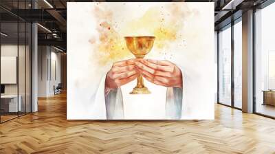 Communion sacred sacrament where believers partake of bread and wine, symbolizing body and blood Jesus Christ, and reaffirming their faith and commitment their religion through this holy rite. Wall mural