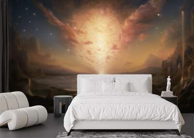 Creation. Genesis 1 – 2:4. God said, “Let there be light,” and there was light. beginning, Bible describes birth of creation celestial event with dawn breaking through cloudscape symbolized heavens. Wall mural