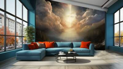 Creation. Genesis 1 – 2:4. God said, “Let there be light,” and there was light. beginning, Bible describes birth of creation celestial event with dawn breaking through cloudscape symbolized heavens. Wall mural