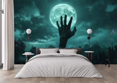 Creepy Halloween night, cemetery's eerie atmosphere made everyone skittish, as shadows seemed to play tricks and every rustling hand whisper wind sparked fear of evil that might lurk in darkness. Wall mural