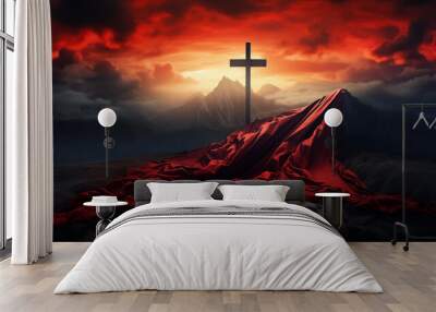 Crucifix of Jesus Christ stands atop the mountain, with a red flag waving nearby, symbolizing faith, hope, and religion against the vast landscape. crucifix, jesus christ, cross, mountain, red flag. Wall mural