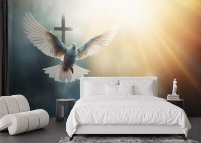 Doves fly in the sky. Christians have faith in Holy Spirit. Silhouette worship to god with love Faith, Spirit and jesus christ. Christian praying for peace. Glowing cross and doves in cloudy sky Wall mural