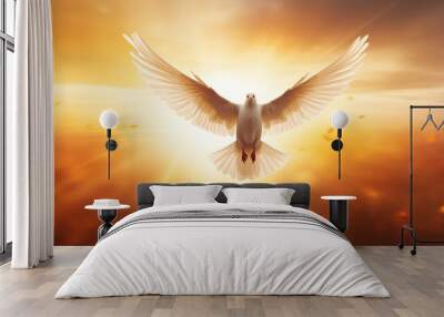 Doves fly in the sky. Christians have faith in Holy Spirit. Silhouette worship to god with love Faith, Spirit and jesus christ. Christian praying for peace. International peace day. Wall mural