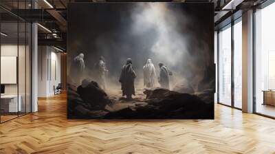 Easter morning, a group of curious explorers ventures into a secluded cave, drawn by rumors of a bloodstained white shroud hidden within. timeless story of Jesus' triumph over death. Wall mural