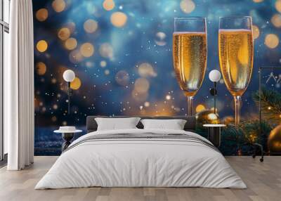 Festive Christmas party, guests donned gold goggles as toasted with champagne and wine to celebrate joyful holiday event. champaign, goggles, christmas, party, festive, wine, holiday, gold, celebrate. Wall mural