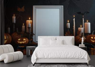 Halloween holiday brings seasonal cheer with orange and white pumpkin decorations, set against a fall background that highlights the vibrant colors of autumn and celebrates the harvest season. Wall mural