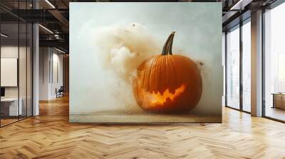 Halloween night orange pumpkin, carved with frightening face, emitted cloud of smoke it sat amidst dark autumn leaves, creating skittish atmosphere filled with ghostly horror evil sense of dread. Wall mural