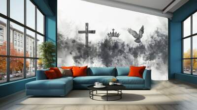 Holy trinity, symbol by crown, cross, and dove, depicted in watercolor artwork, reflecting essence of God and religion. Concept of Father, Son (believed to be incarnated as Jesus), and Holy Spirit. Wall mural