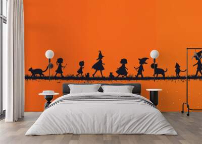 October night illustration, skittish girl in a black costume and hat creates creepy silhouette, embodying the horror and scary vibes of Halloween, as children in background enjoy the festive party. Wall mural