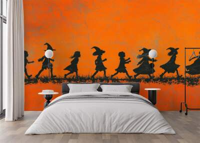 October night illustration, skittish girl in a black costume and hat creates creepy silhouette, embodying the horror and scary vibes of Halloween, as children in background enjoy the festive party. Wall mural